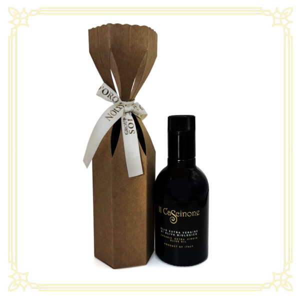 elegante confezione con olio extra vergine di oliva bio da 250 e 100 ml